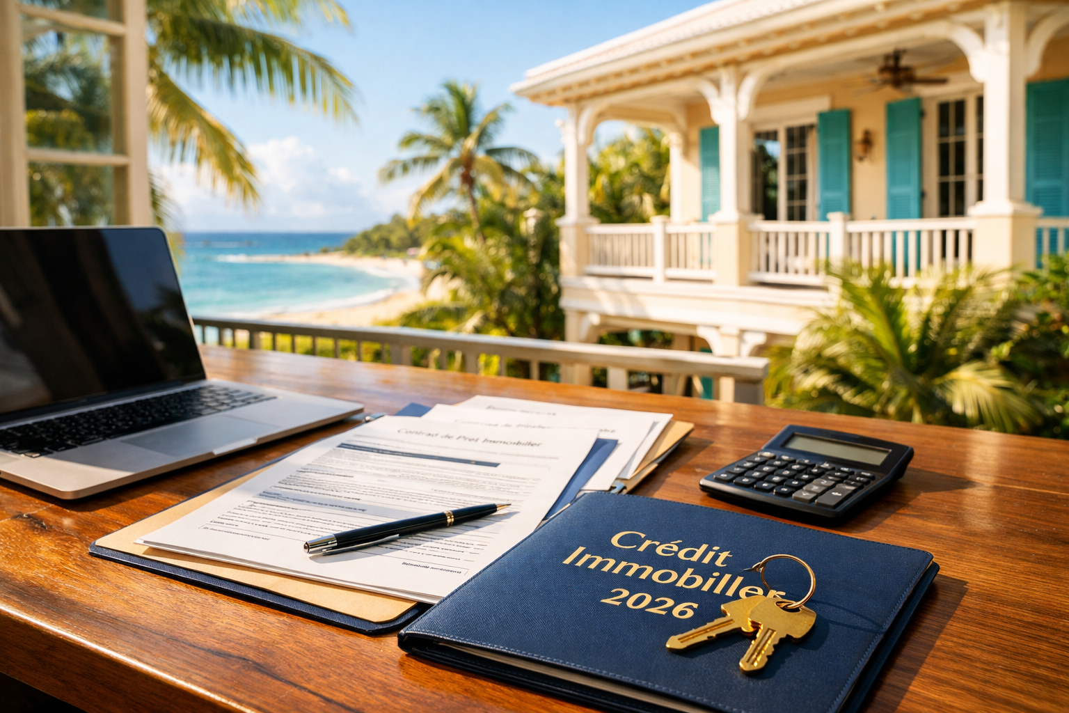 achat-maison-guadeloupe-credit-immobilier-2026 Bureau avec ordinateur portable, calculatrice et documents de crédit immobilier 2026 avec clés de maison sur un dossier, devant une villa de style colonial aux volets turquoise avec vue mer en Guadeloupe, illustrant un projet d’achat immobilier aux Antilles.