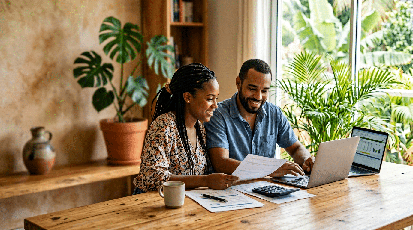 credit immobilier guyane guadeloupe martinique Couple antillais assis à une table dans un salon lumineux en Martinique, préparant un dossier de crédit immobilier avec ordinateur portable, documents et calculatrice.