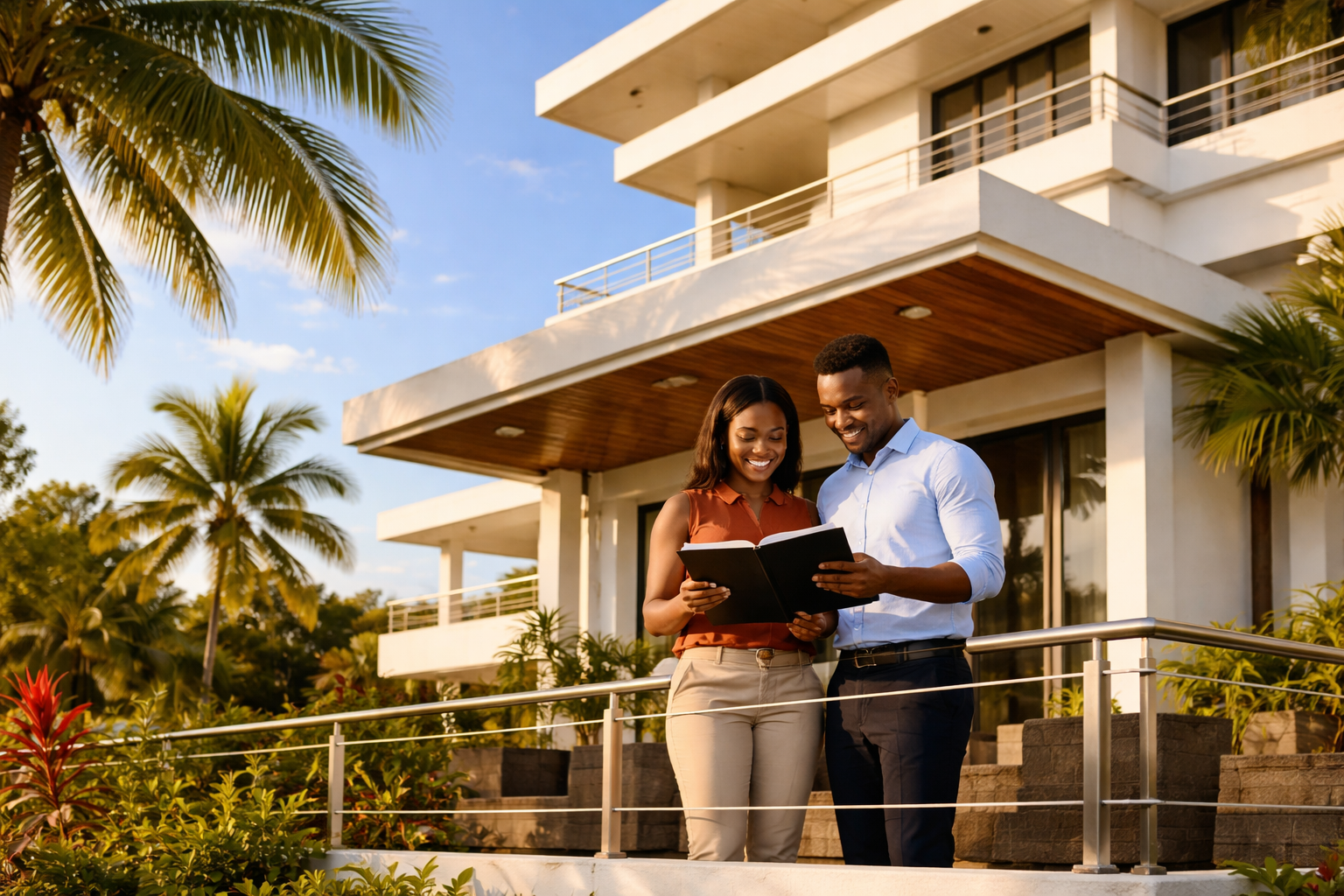 credit immobilier guyane Jeune couple professionnel examinant les documents d'investissement immobilier sur la varangue d'un immeuble blanc moderne à Cayenne, Guyane, avec palmiers et végétation tropicale en arrière-plan, lumière de fin d'après-midi dorée