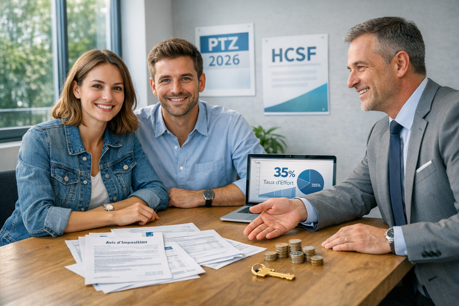 hcsf-2026-couple-conseiller-bancaire Jeune couple consulte un conseiller bancaire pour son crédit immobilier HCSF 2026, entouré de documents financiers, calculatrice et graphiques de taux d'effort à 35%, symbole de réussite de demande de financement immobilier