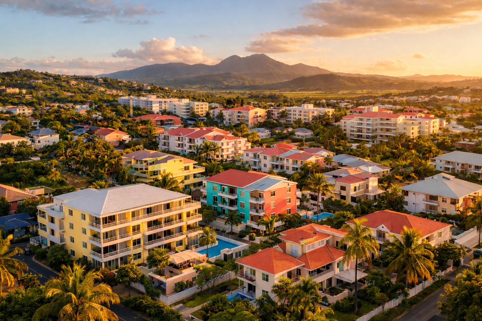 Vue aérienne drone des appartements et maisons colorées de Lamentin, Martinique, avec données d'investissement immobilier : prix au m² et rendement locatif