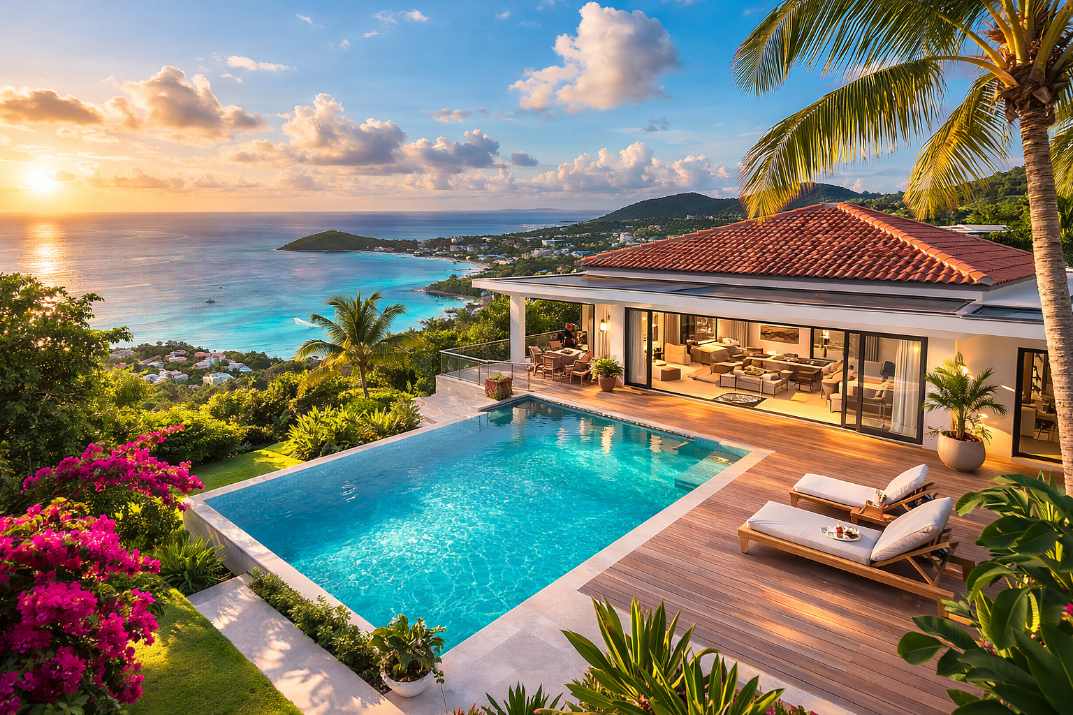 investissement locatif guadeloupe martinique Vue aérienne d'une villa moderne en Guadeloupe avec piscine privée, terrasse vue mer et jardins tropicaux, illustrant les opportunités d'investissement locatif aux Caraïbes