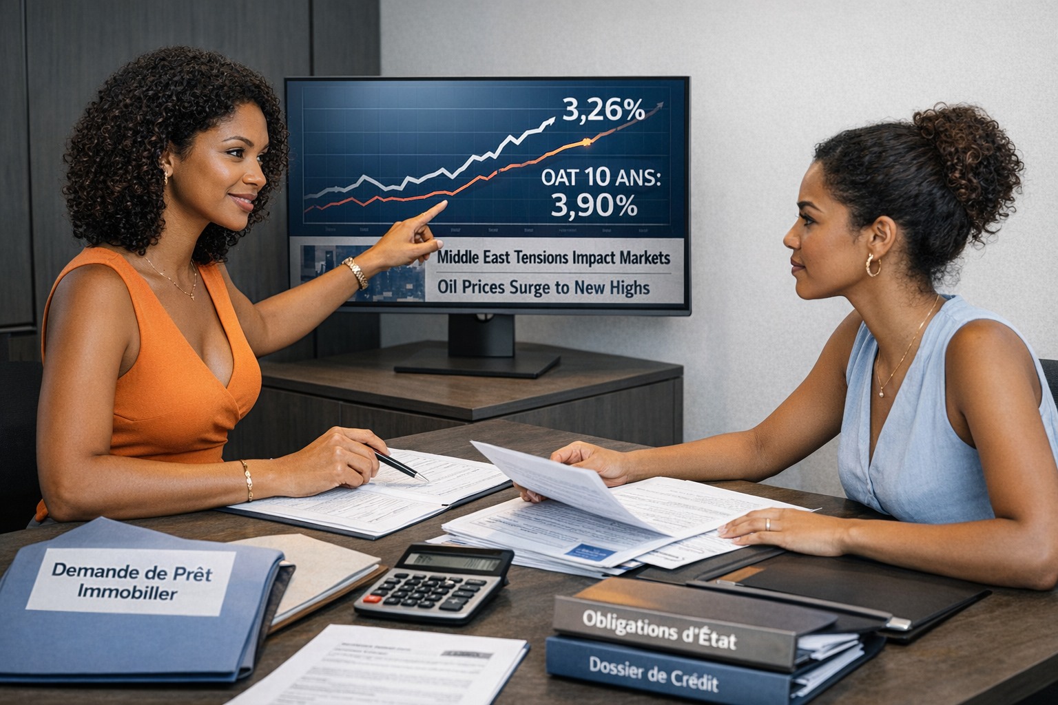 taux credit immobilier 2026 crise moyen orient Conseiller financier montrant à un couple les courbes de hausse des taux de crédit immobilier et de l'OAT 10 ans à 3,90% en mars 2026, dans un bureau moderne avec vue sur Paris, documents de prêt et graphiques visibles sur écran