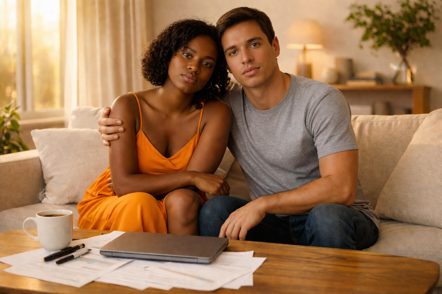 Un homme et une femme assis sur un canapé, examinent ensemble des documents financiers et des maquettes de maison posés sur une table basse