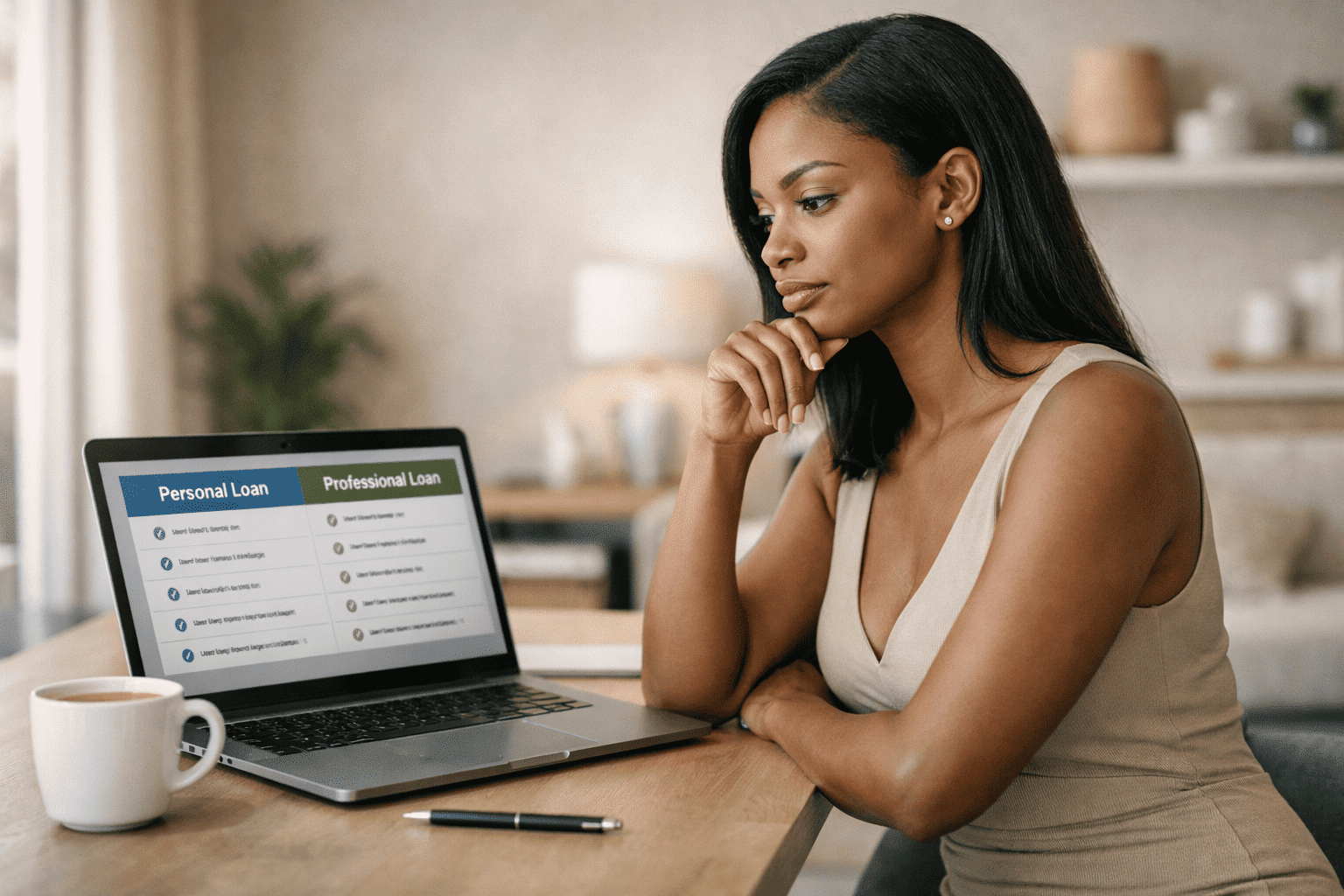 Une femme entrepreneur réfléchit devant son ordinateur portable affichant une comparaison entre crédit personnel et crédit professionnel dans son bureau moderne minimaliste