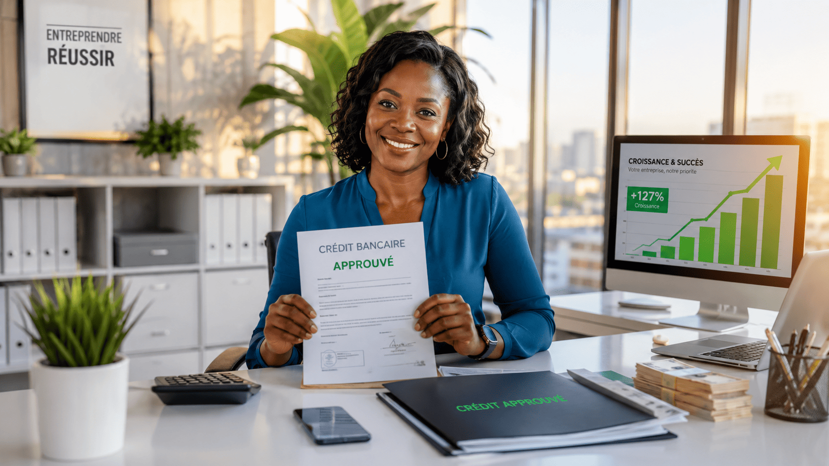 Femme auto-entrepreneur souriante assise à son bureau moderne, tenant un document de crédit approuvé, symbole du succès dans l'obtention d'un financement bancaire pour son auto-entreprise