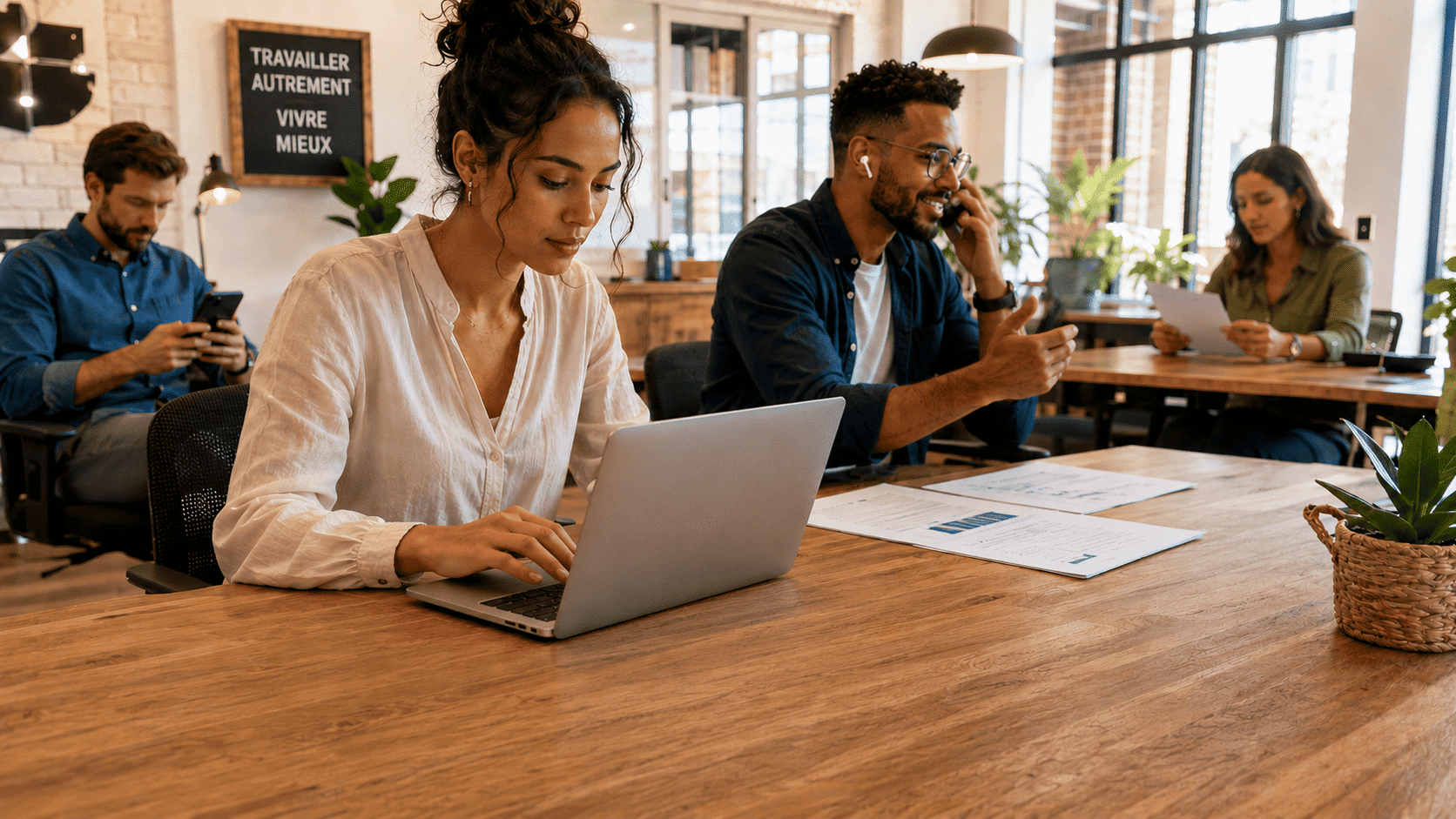 Freelances et indépendants travaillant sur leurs revenus variables dans un espace de co-working moderne : une femme freelance examine ses documents financiers et graphiques de revenus irréguliers, un entrepreneur en appel vidéo, des contrats et un relevé bancaire sur le bureau, illustrant comment convaincre une banque avec des revenus non-stables pour obtenir un crédit immobilier.