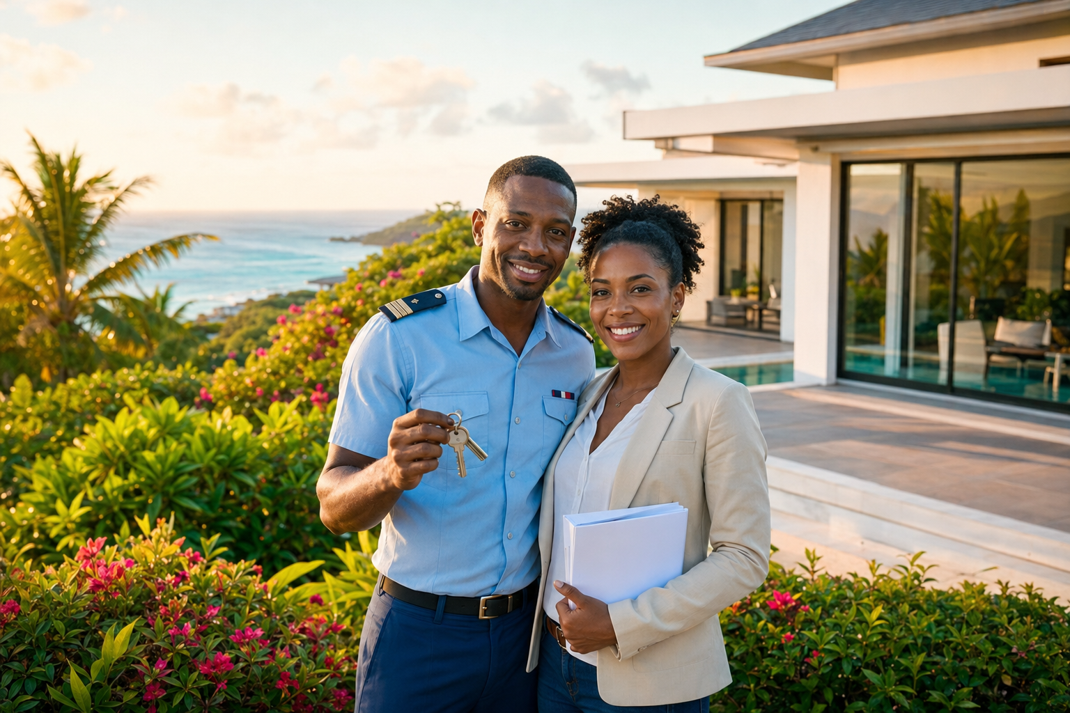 crédit immobilier fonctionnaire guadeloupe Couple de fonctionnaires devant leur maison en Guadeloupe après l'obtention d'un crédit immobilier