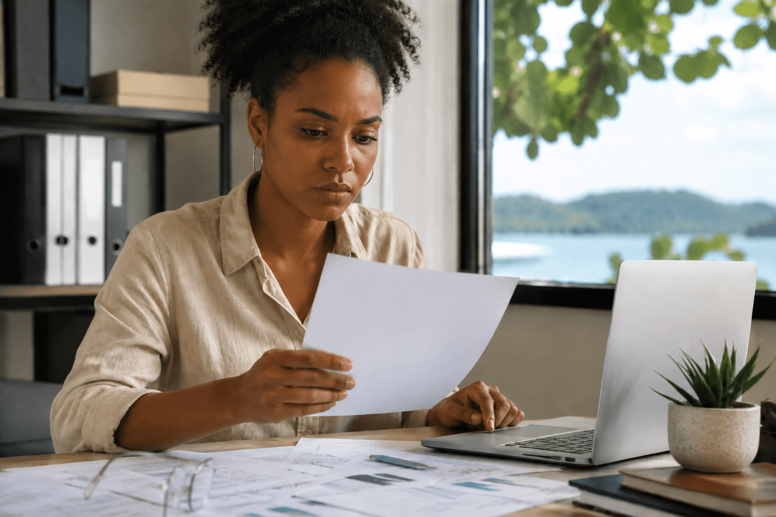refus bancaire Personne examinant un refus de prêt bancaire sur une table aux antilles guyane