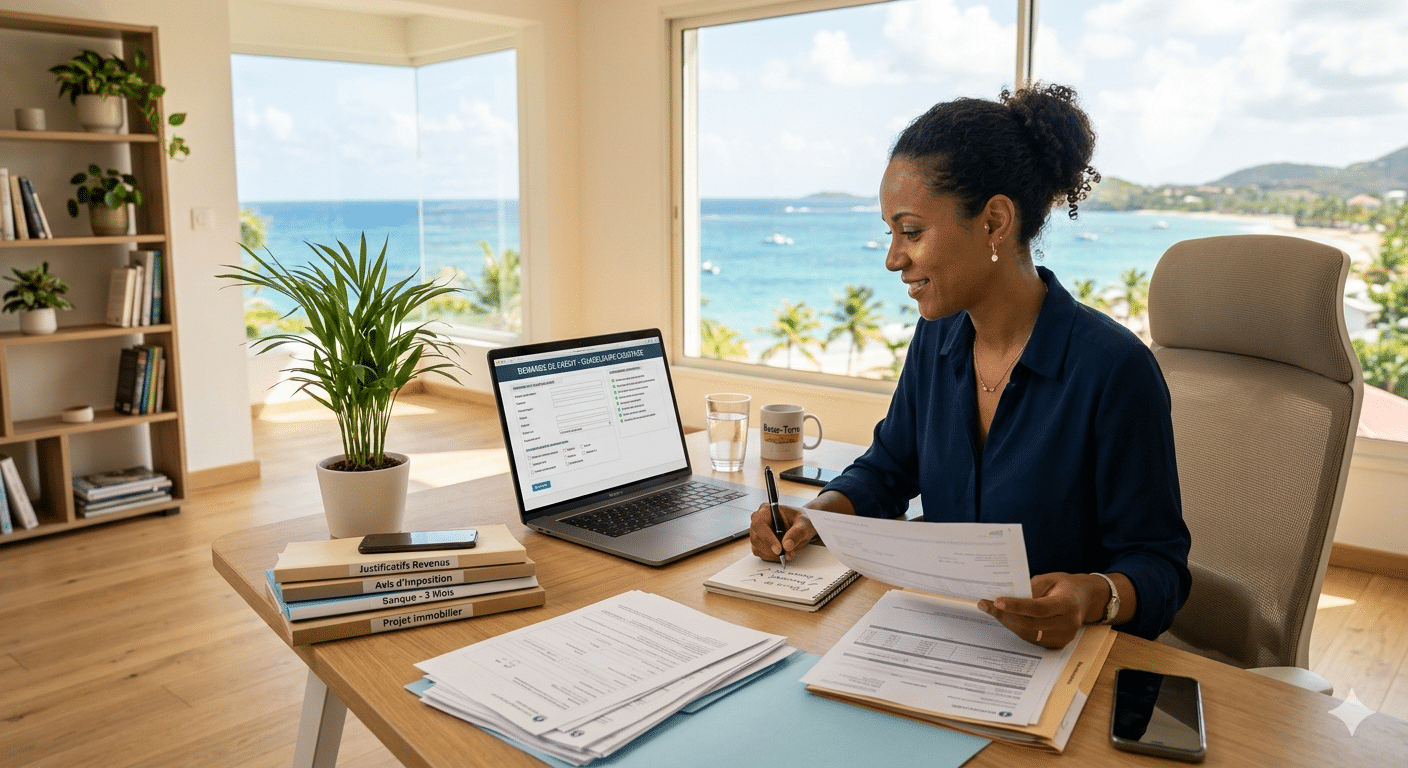 credit en ligne guadeloupe Personne préparant un dossier de demande de crédit en ligne sur un ordinateur portable avec vue tropicale.