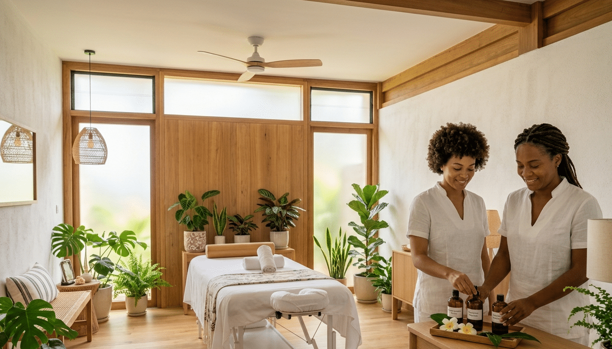 Cabinet de bien-être moderne en Guadeloupe : intérieur lumineux avec table de massage professionnelle, plantes tropicales et éclairage naturel pour un espace de détente professionnel
