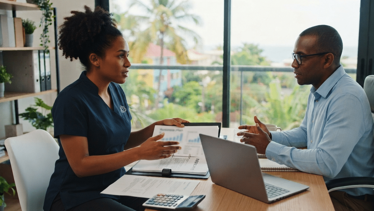 Entrepreneuse échangeant avec un conseiller en crédit professionnel pour financer son activité de massage en Guadeloupe, Martinique ou Guyane.