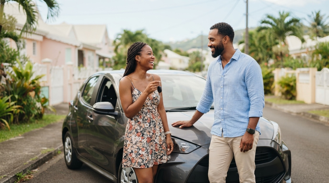 crédit consommation guyane Couple heureux devant sa voiture neuve financée par un prêt personnel en Guyane